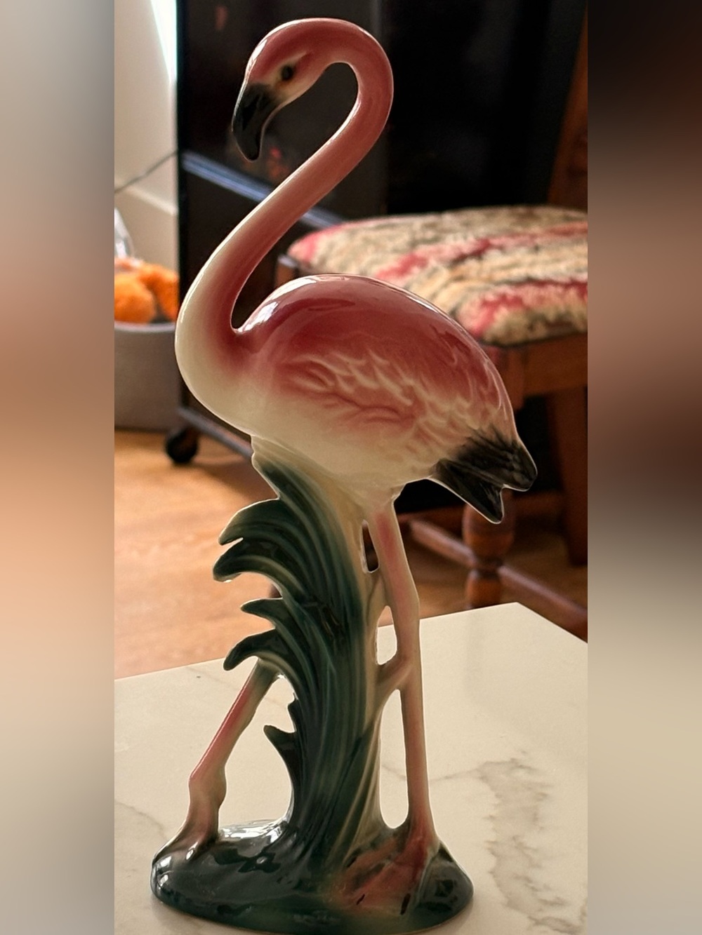 Vintage 1950’s Pink Ceramic Flamingo Figurine with Green Leaf Base
